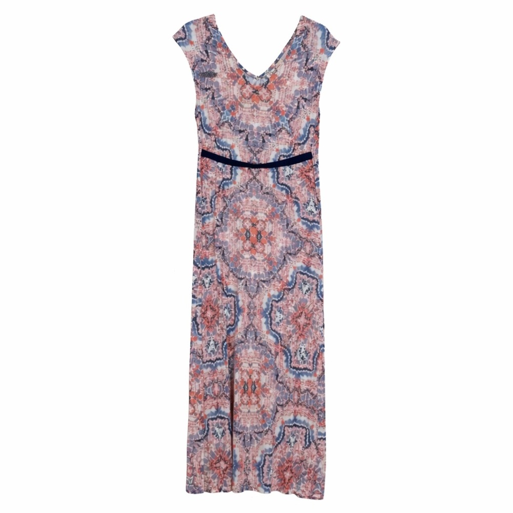 Boho Maternity Maxi Dress 58” Medium Pink Blue Empire Waist Baby Shower Summer